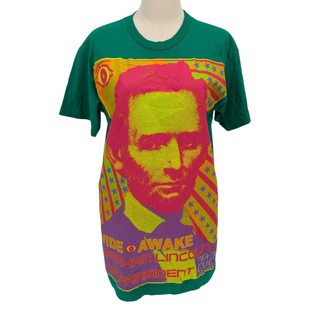 Bayside Abraham Lincoln Graphic T-Shirt Green Wide Awake 100% Cotton Medium